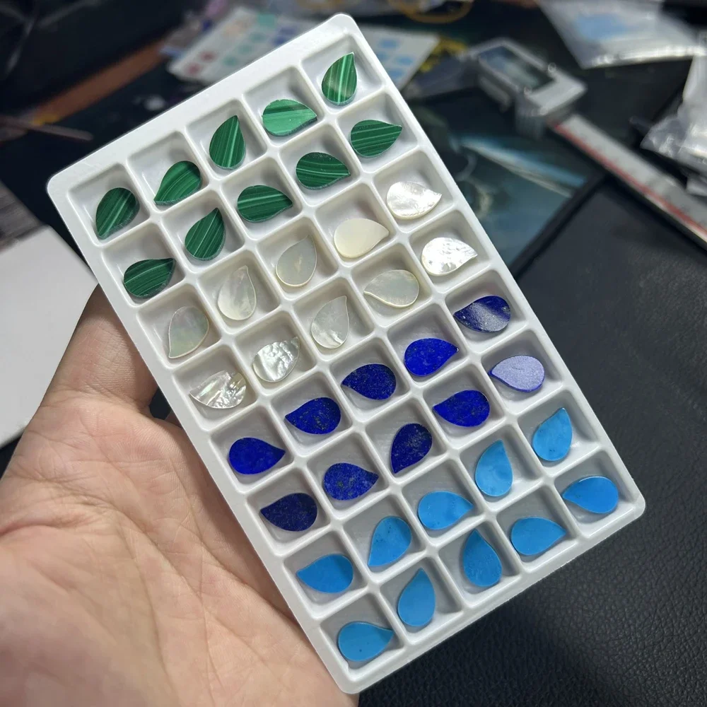50 Pieces 1 Bag Natural White MOP Turquoise Malachite Lapis Agate 8x12x2mm Leaf Double Flat Gemstones
