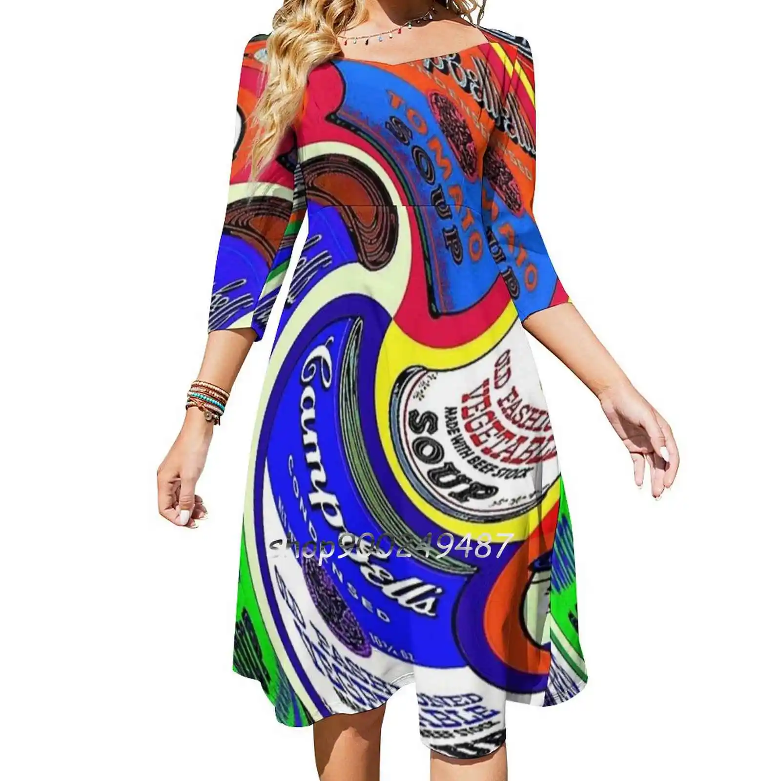 Campbell Soup Abstract Warhol Style Psychedelic Advertising Square Neck Dress New Plus Size Elegant Women Waist Tight Dress