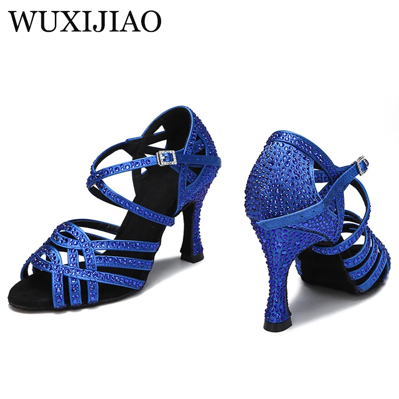 WUXIJIAO  Rhinestone Satin Ladies Party Sandals Ballroom Latin Dance Blue Soft Sole Wedding Shoes