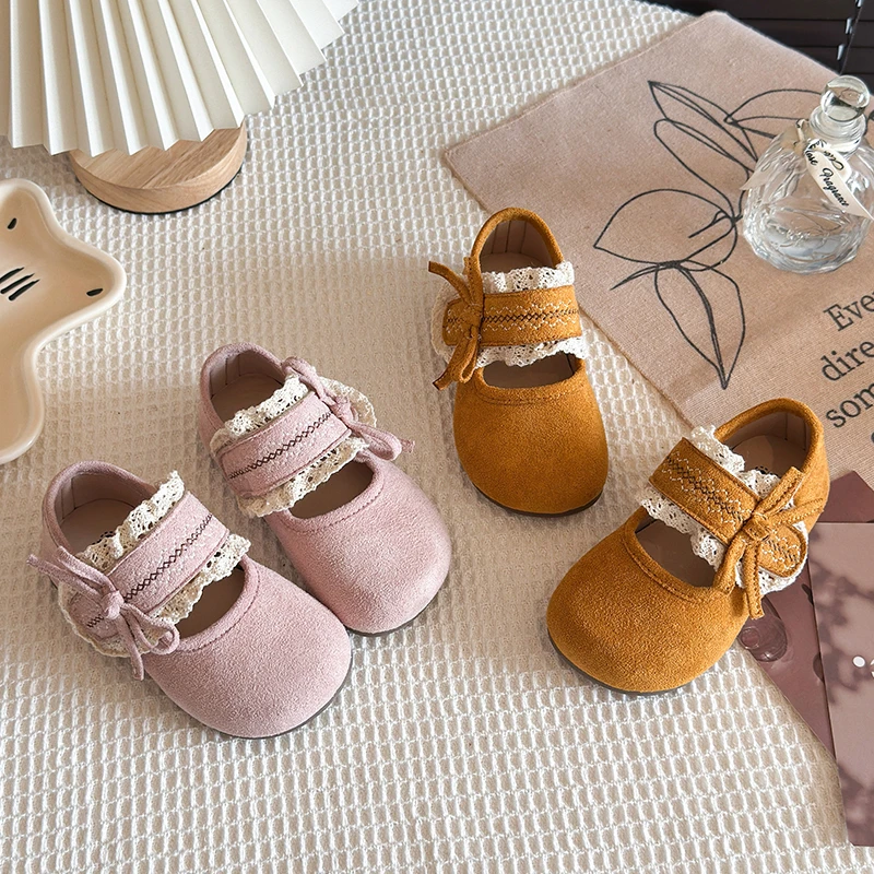 

Детские туфли Мэри Джейн из замши с мягкой подошвой, с кружевной отделкой и бантом, для девочек, для праздников и школы