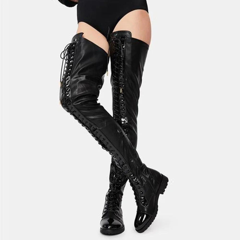 

Women's Black Faux Leather Over-The-Knee Boots with Chunky Block Heel Lace Edgy Comfortable Footwear with Elastic Panel