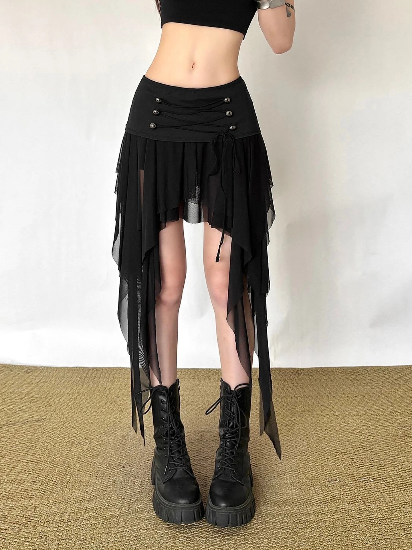Gothic Dark Style Asymmetric Button Design Low Waist Slim Fit Short Skirt for Women Autumn New Arrival Irregular Tassel Half ...