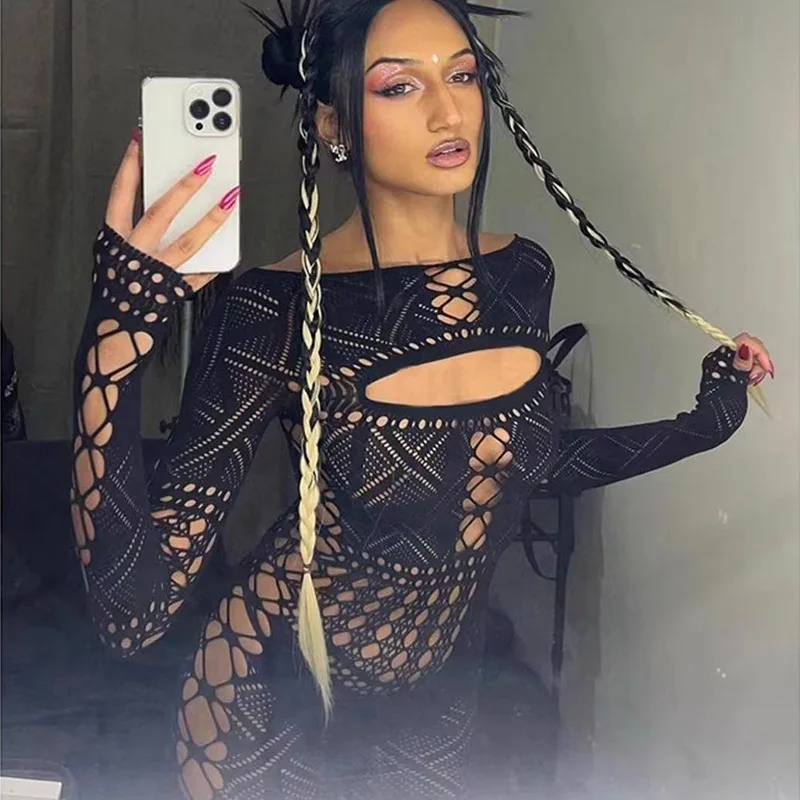 

High Waist Lace Hollow out Tight Fit Jumpsuit Dr with Hip Hing Skirt ort Cotton Blend Spring Season Women's Faion