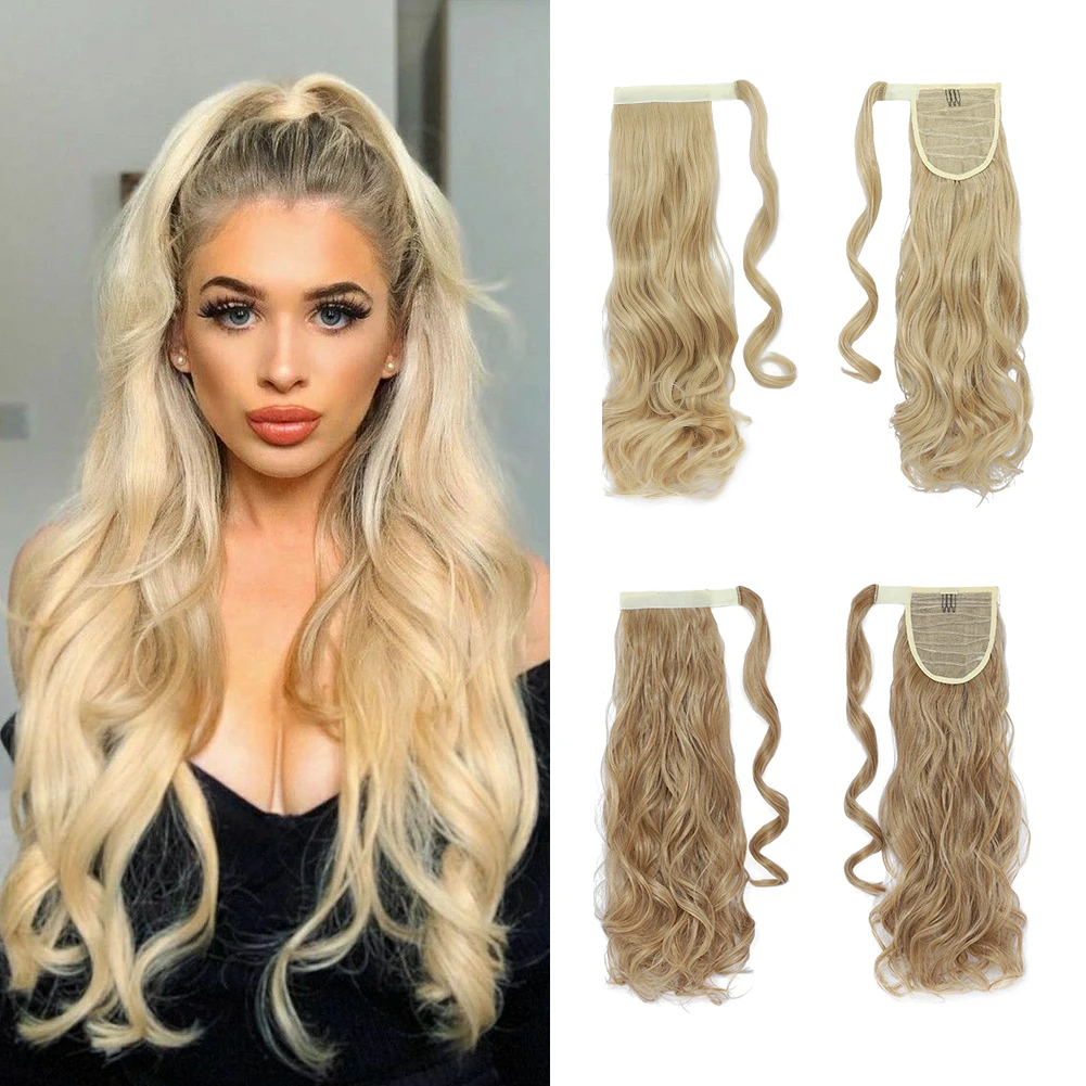 Envolva Around Ponytail Extension, Premium Synthetic Curly, Ondulado Cabelo, Magic Paste Hairpieces, Clip em extensões de rabo de cavalo, 18 "e 24"