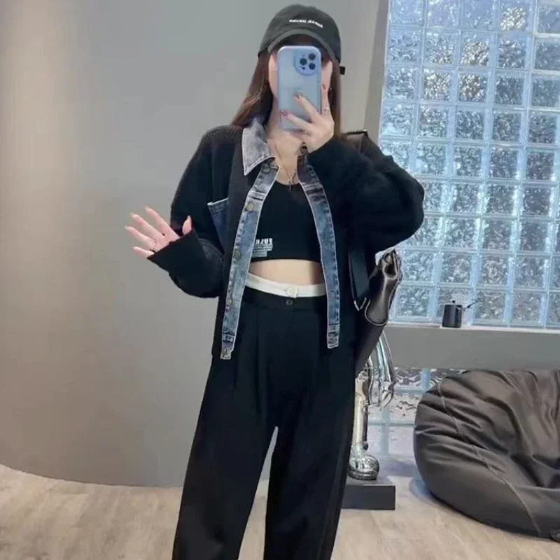 

Mix Color Outerwears Small Short Female Jeans Coat Spring Autumn Women's Denim Jackets Black Crop Knitted Patchwork Harajuku