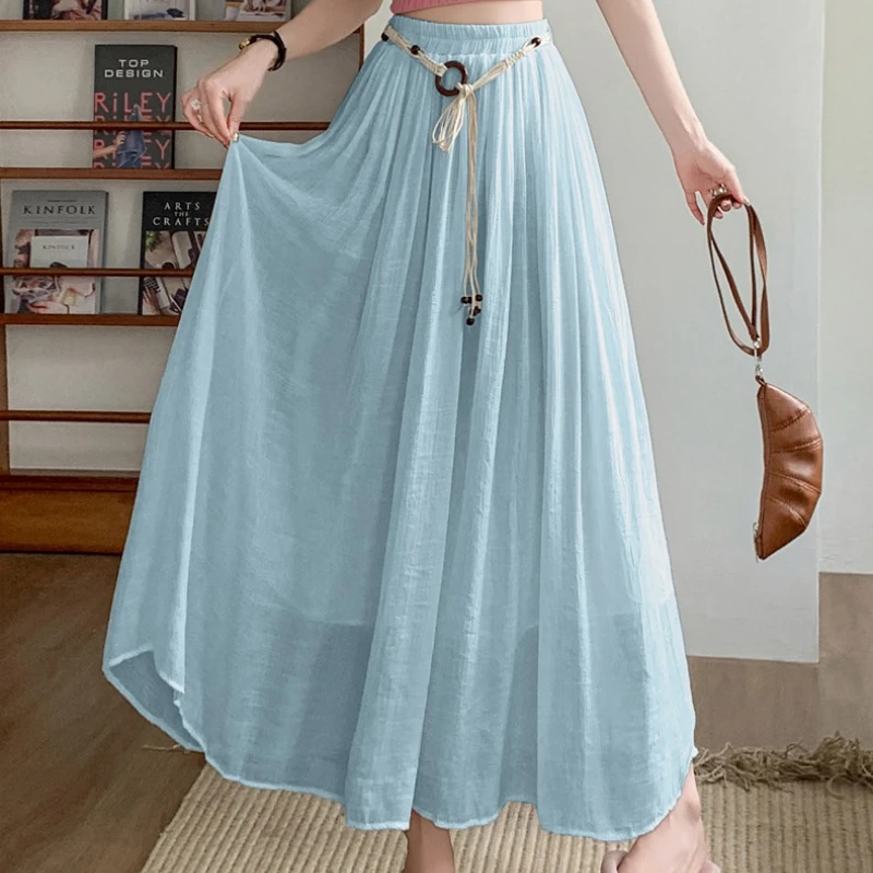 

Cotton Linen Women's Skirt New Ruffled Cake Skirts High Waisted Umbrella Skirt 2025 Elegant Vintage Mid Length Skirts for Women