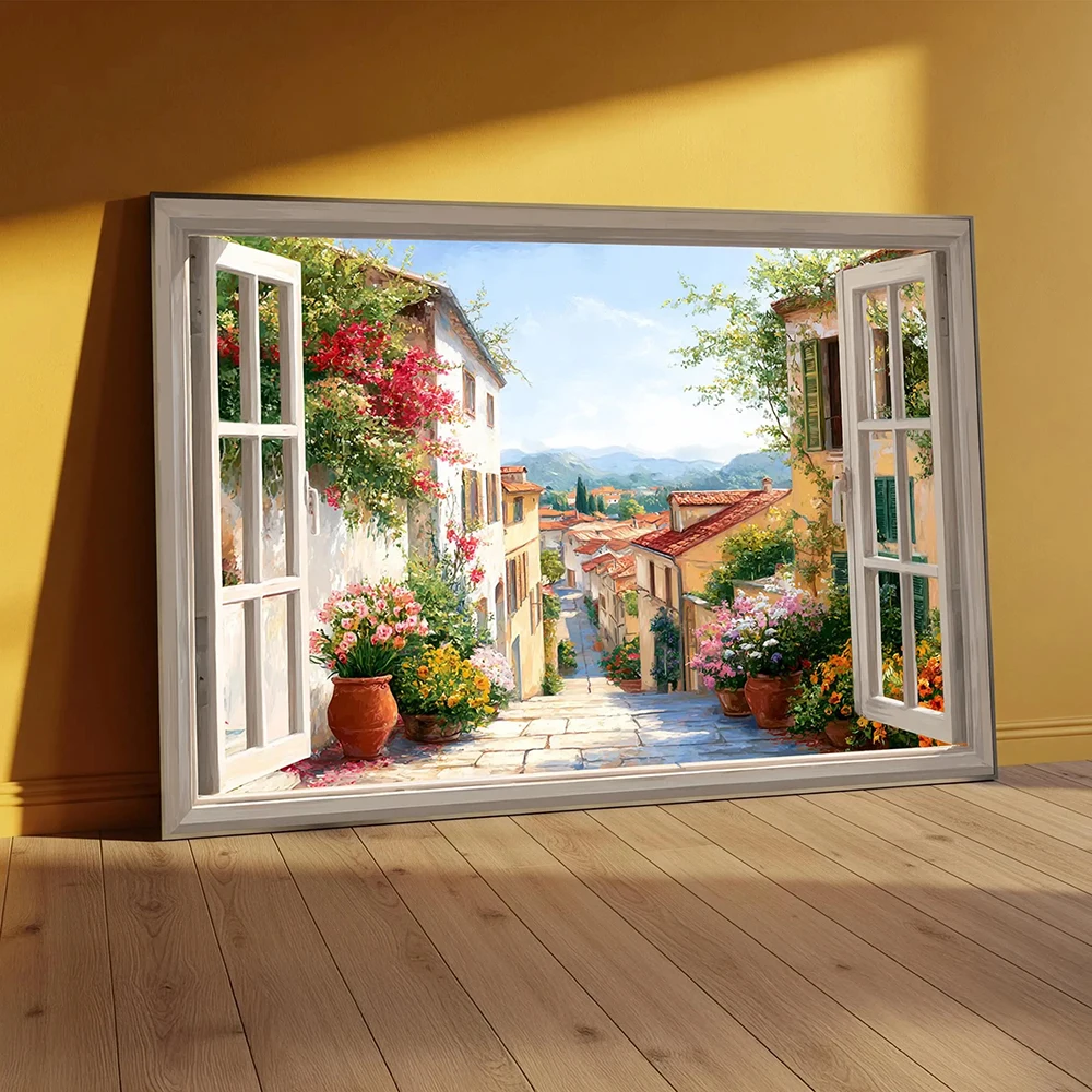 No Frame Italian Countryside Street Scene Canvas Painting - A Floral Wall Decor for Restaurants - A Beautiful Gift for Mediterra