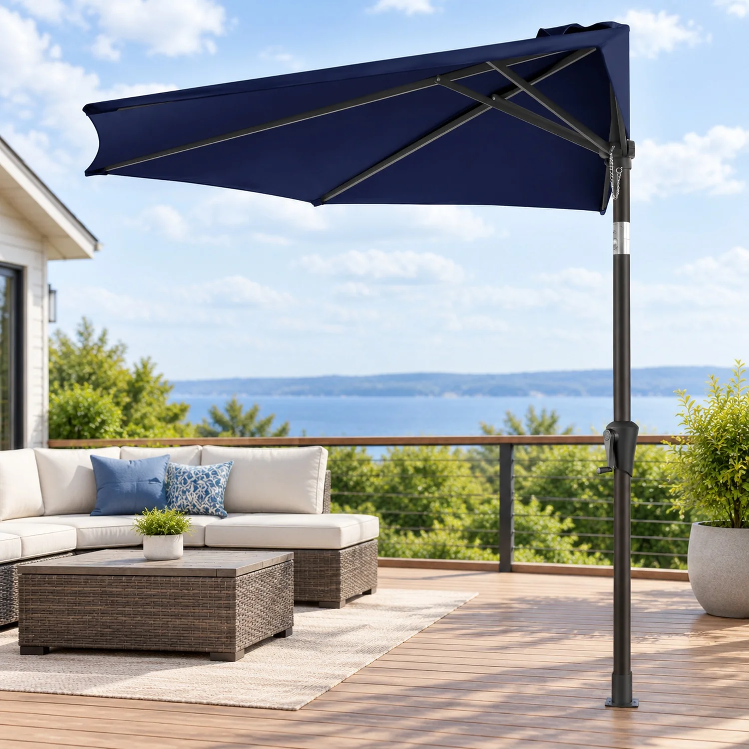9 ft Half Patio Umbrella with Push Button Tilt, Navy Blue