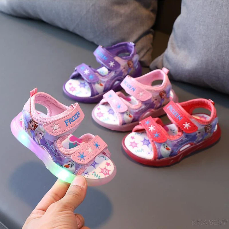 Disney Cartoon Elsa LED Sandals Fashion Beach Glowing Kids Pink Purple Casual Shoes Elegant Lighted Children Sandals Size 21-30