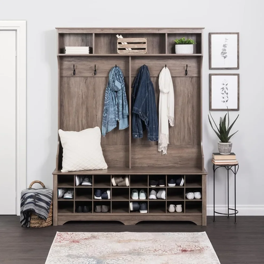 Shoe Cabinet, Storage Cabinet with 24 Shoes Cubbies and 6 Double Coat Hooks 15.5