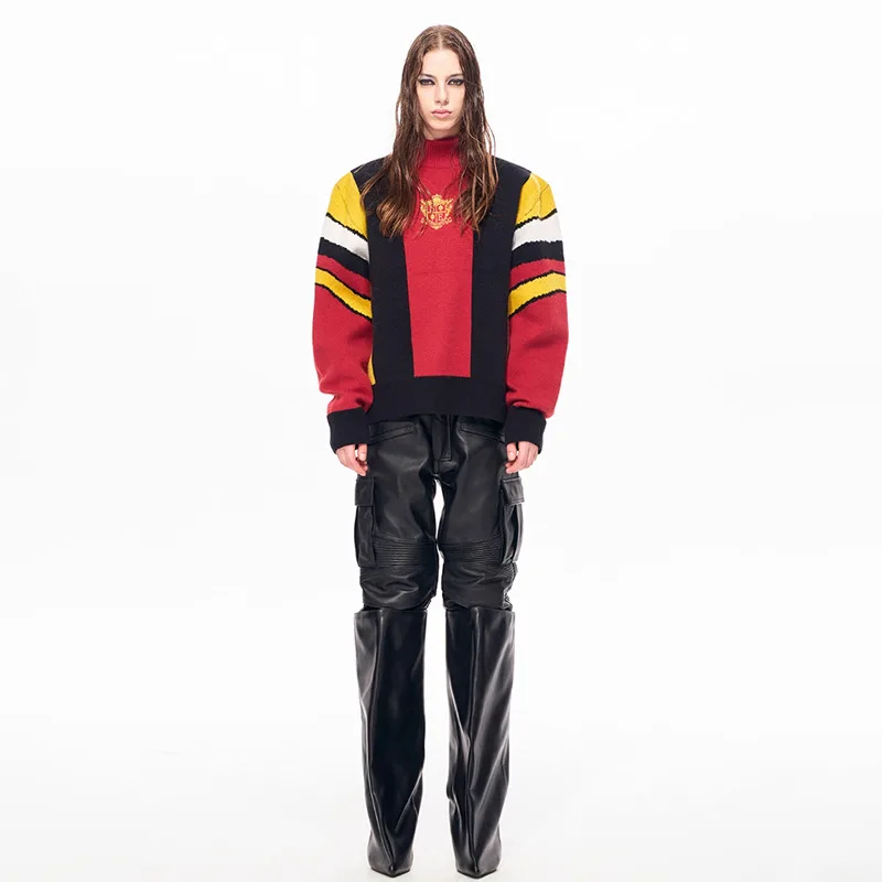 LUZHEN 2025 Winter New Color Contrast Splicing Printed Loose Knitted Pullover Turtleneck Men's Stylish Handsome Sweater JY5214