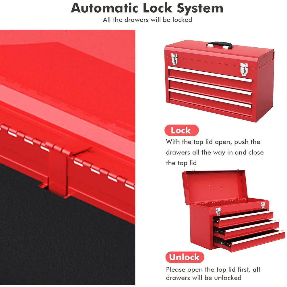 กล่องเครื่องมือแบบพกพาขนาด 20 นิ้ว แข็งแรงทนทาน 3 ชั้น พร้อมถาดด้านบน, ตัวล็อคโลหะ, แผ่นรองป้องกัน, คุณสมบัติล็อคอัตโนมัติ, เหมาะสำหรับ