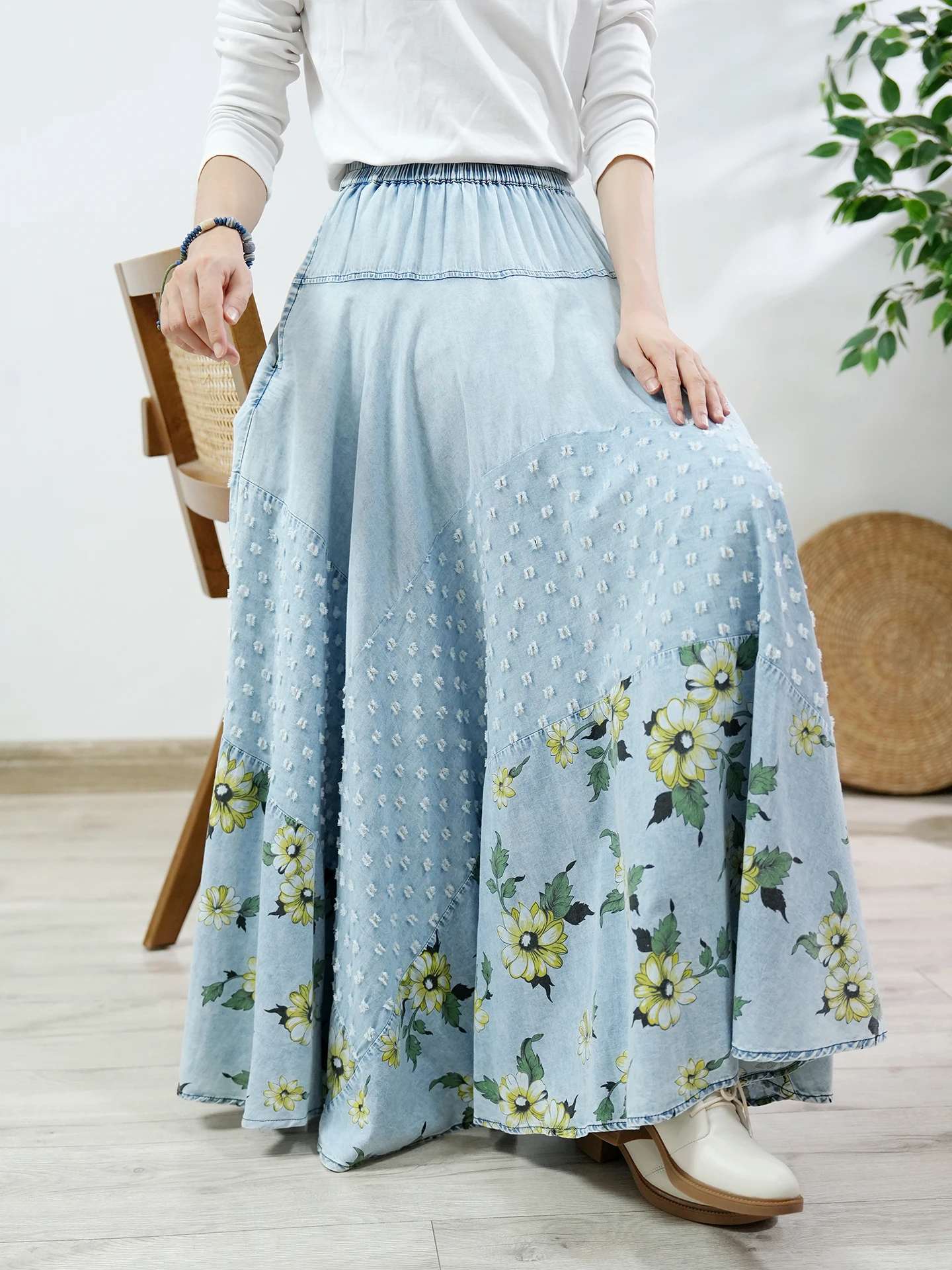 

TIYIHAILEY Long Maxi Women Elastic Waist Skirt Autumn Summer Denim Lady Flowers Pockets Ladies New Vintage Holes Skirts