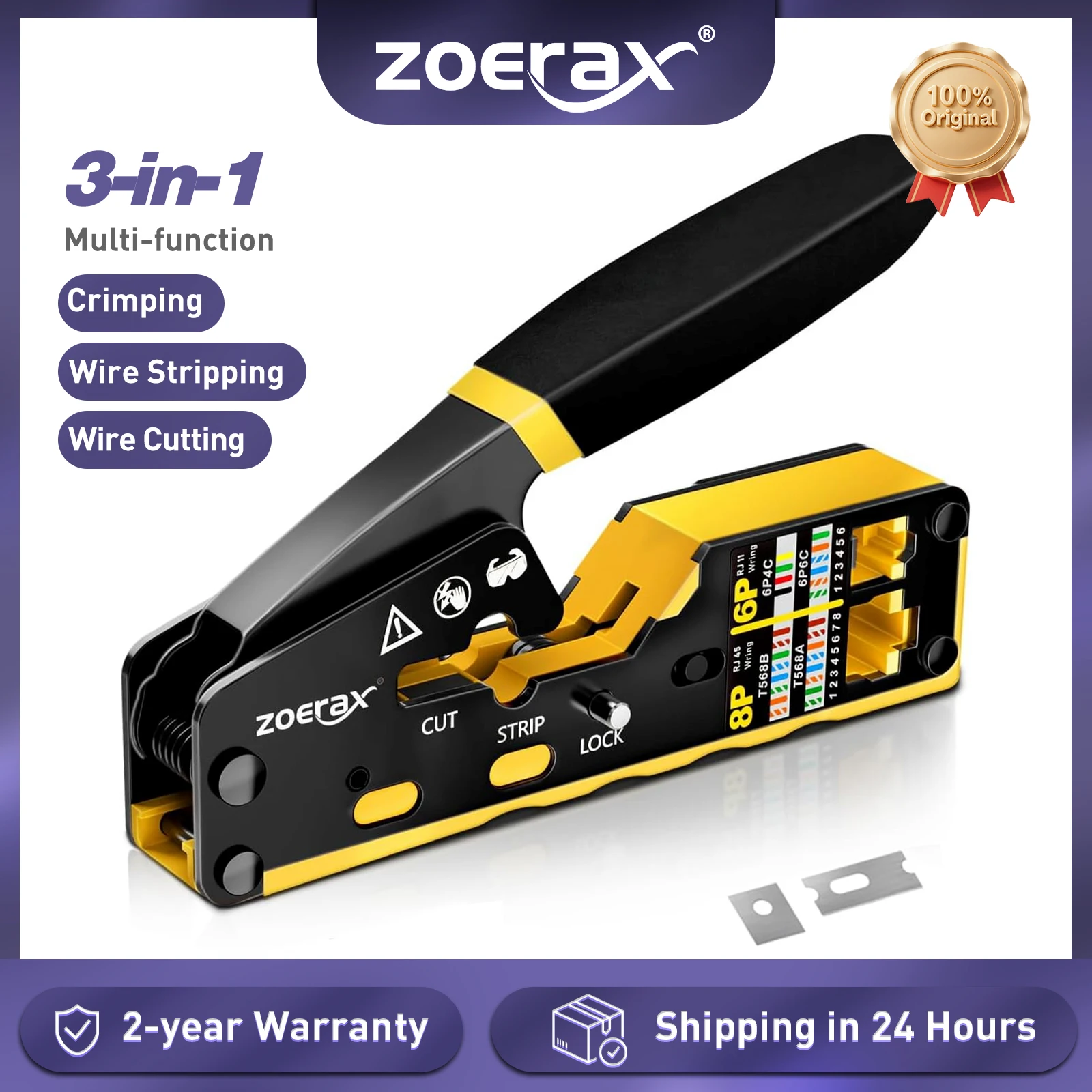 ZoeRax RJ45 CAT6 Zaciskarka do kabli przelotowych z funkcją cięcia do złącz modułowych Cat6 Cat5 Cat5e 8P8C Ethernet, uniwersalne narzędzie do kabli