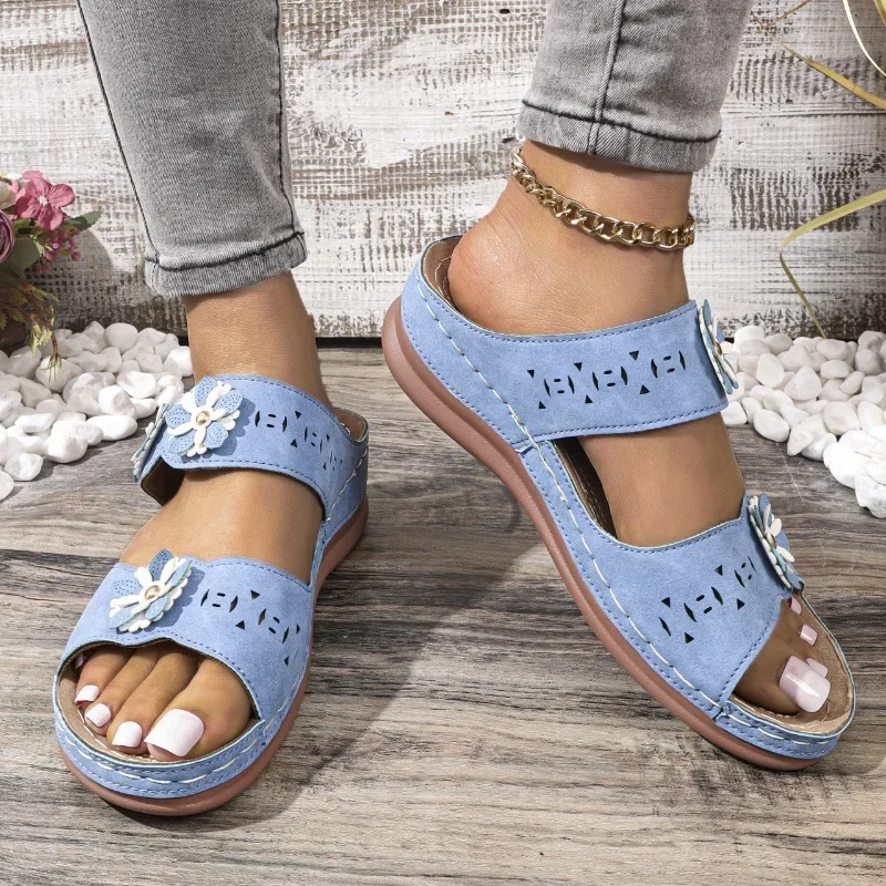 

Slippers Women's Hollow Out Floral Pattern Wedge 2024 Summer Women Sandals Premium Orthopedic OpenToe Anti-Slip Platform Retro