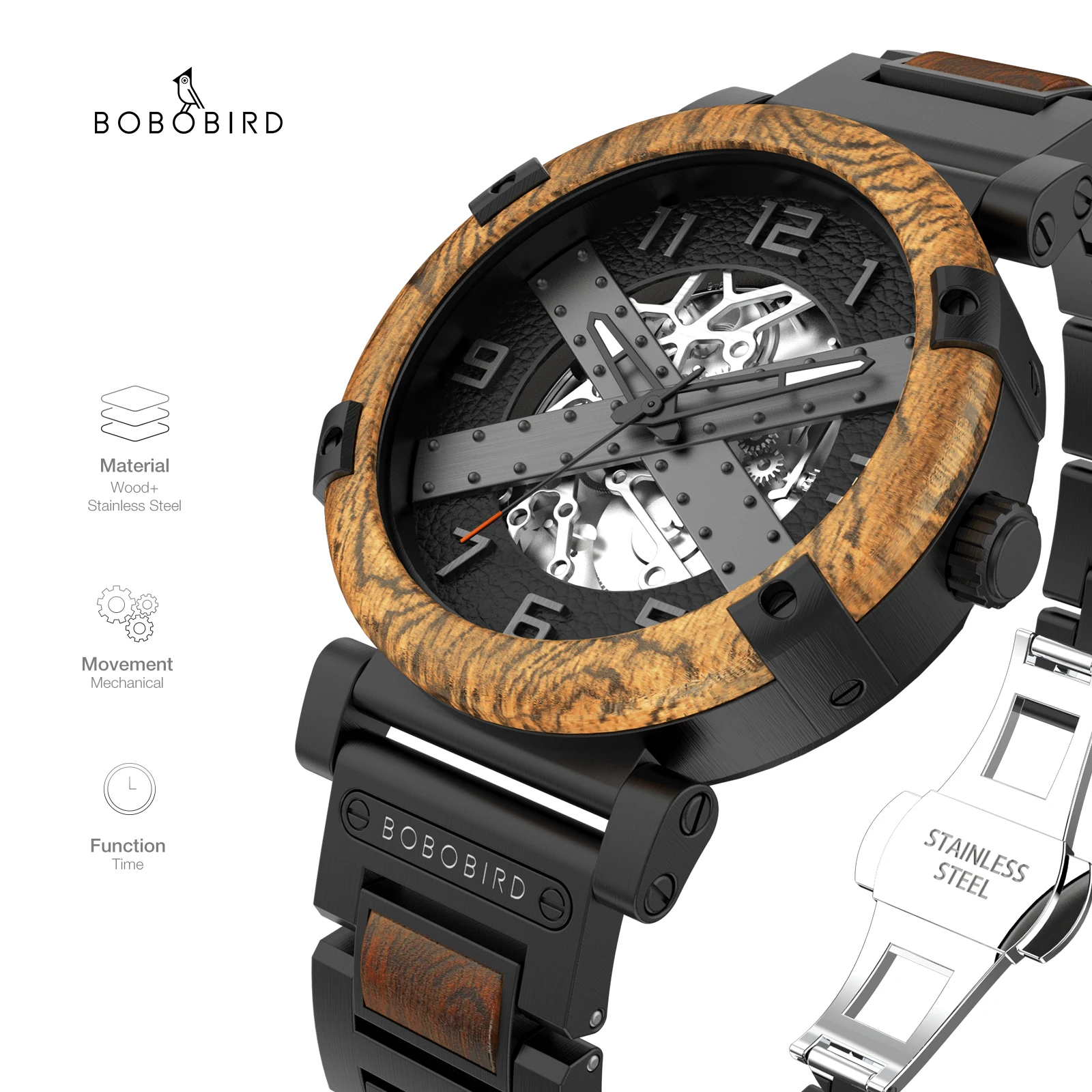 BOBO BIRD 45mm Men Watch Wooden Luxury Skeleton Automatic Mechanical Wristwatch Business Stainless Steel Wrist Watch X Series