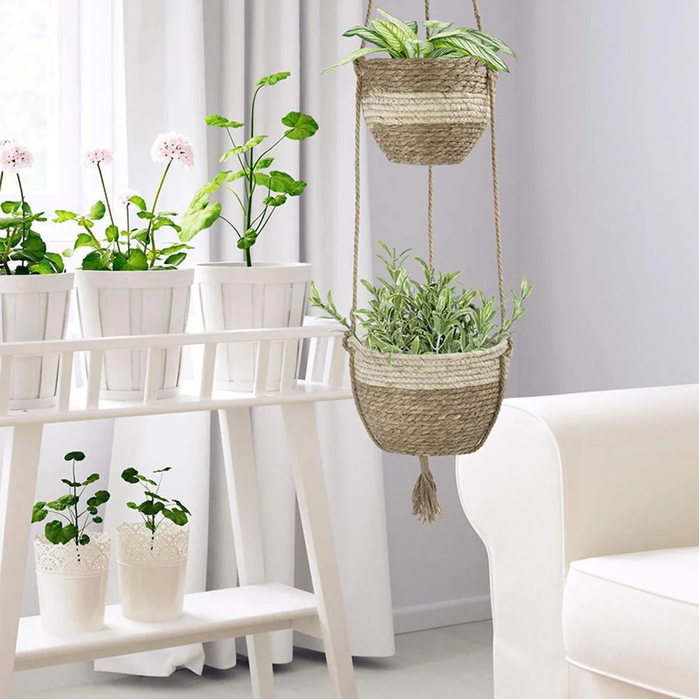 Conjoined Woven Hanging Flower Basket for Indoor Decor Using Sustainable Plant Fiber Material and Lightweight Structure