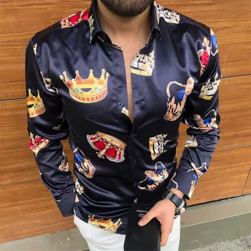 Autumn new hot sale European and American men's long-sleeved shirt casual crown 3D printed top trend