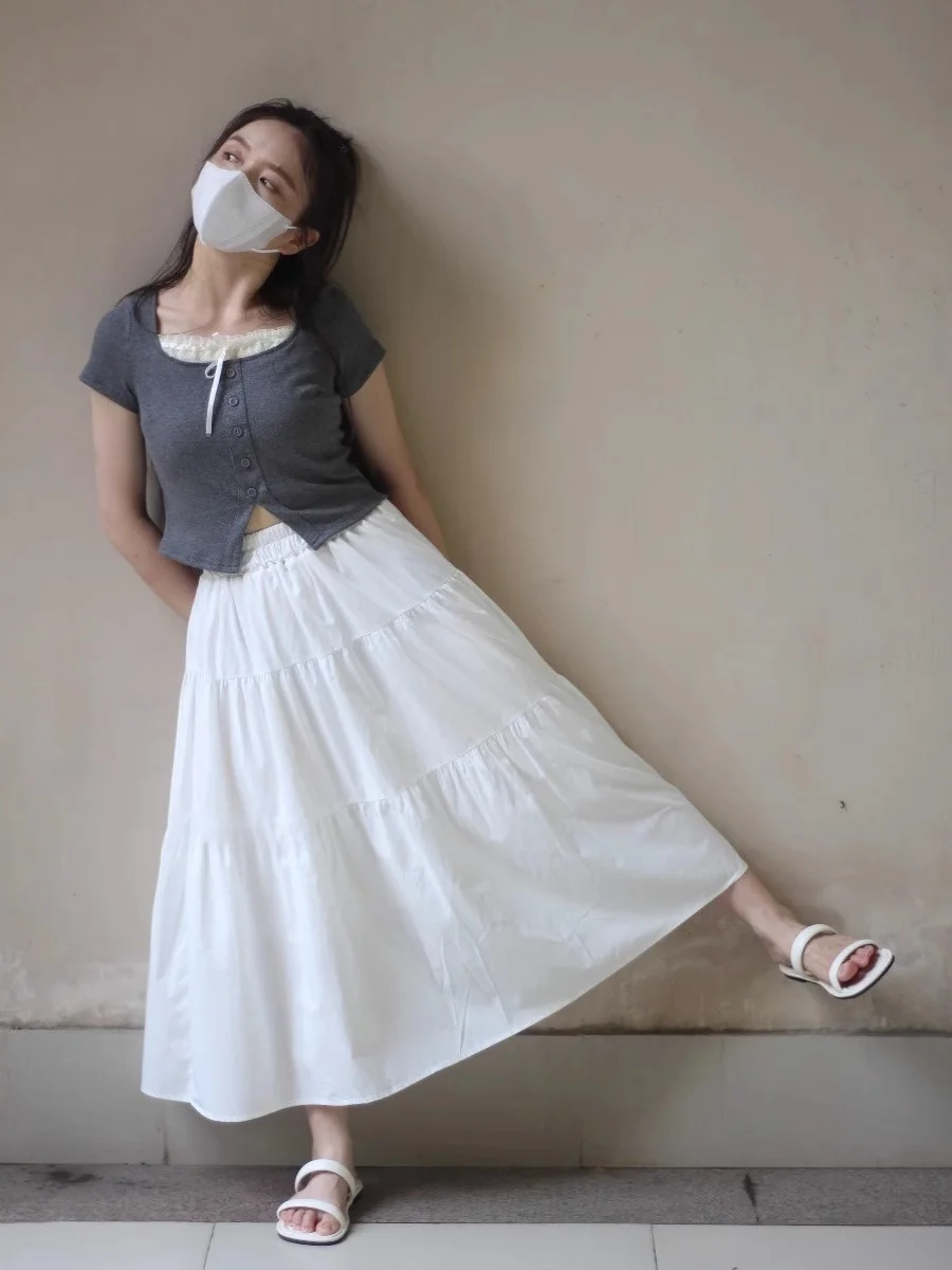 

White High Waist Midi Skirt Women's Summer 2025 New Sle Slimming Versatile Cake Skirt A-Line Long Skirt Commute Friendly