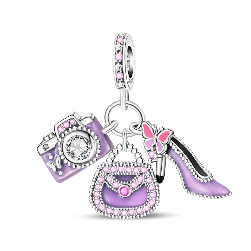 925 Sterling Silver Charms Bead CZ Zircon Purple Bag High Heels Camera Dangle Fit Original Bracelet DIY Women Jewelry Gift
