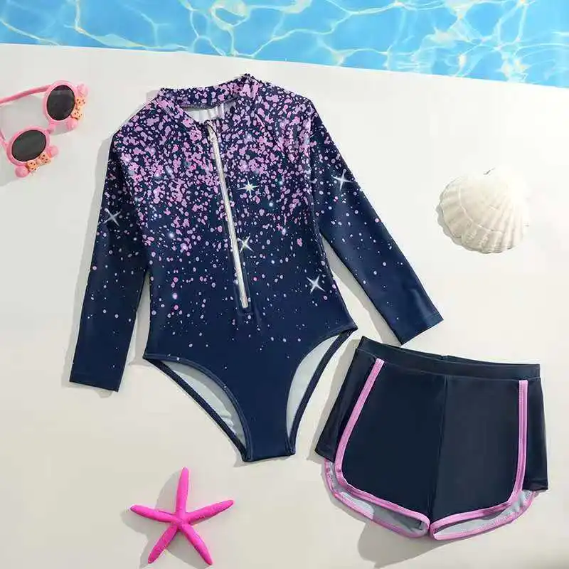 

2026 Zipper Girls Swimsuit One Pieces Printed Swimwear Female With Shorts Children's Bathing Swimming Swim Suit Beachwear 4-7Y