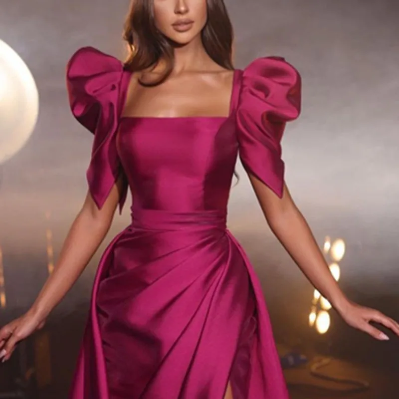 2024 Elegant Puff Sleeve Formal Evening Dress New Square Collar Wedding Guest Gown Sweet Satin Prom Dress Slit Vestidos Noche