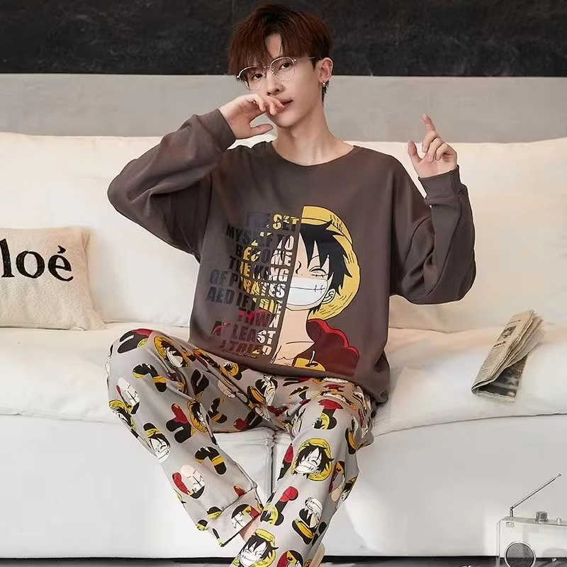 Herren One Piece Luffy Split Print Pyjama-Set Langarm O-Ausschnitt Oberteil & Allover-Print Hose Schlafanzug Anime-Inspirierte Loungewear