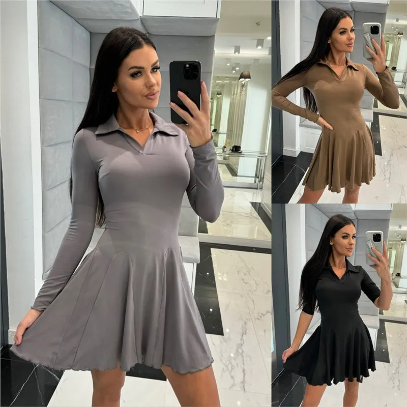 Outono cor sólida cintura cinched manga comprida lapela plissado borda vestido pulôver feminino fino ajuste elegante nova mini saia 2025 y2k