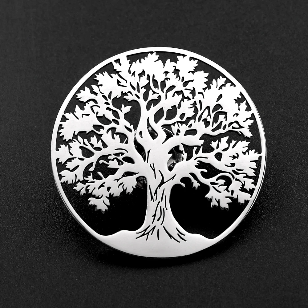 Tree of Life Brooch Gold Color Hollow Round Life Tree Stainless Steel Brooch Plant Pin Fashion Wedding Jewelry Gift for Women