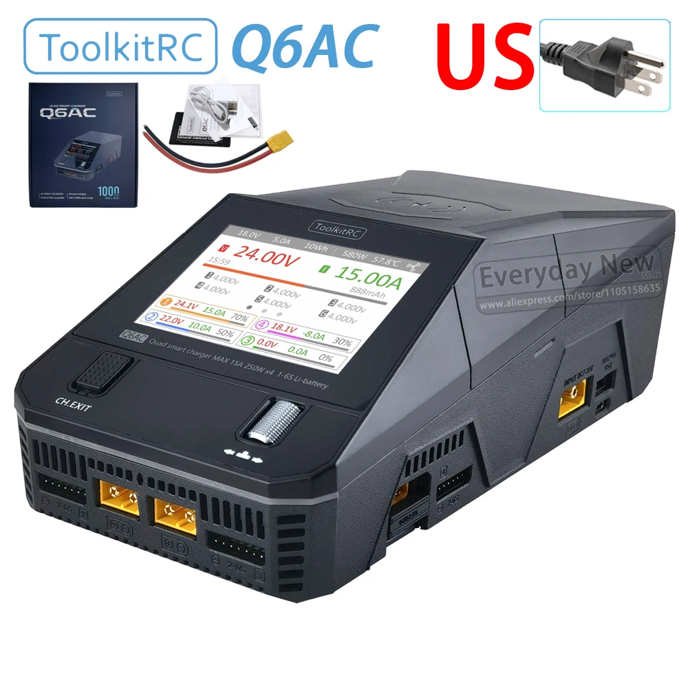 

US ToolkitRC Q6AC Зарядное устройство AC 400 Вт / DC 1000 Вт 4-канальный выход Встроенный USB-выход 65 Вт Беспроводное зарядное устройство 15 Вт для LiPo NiMH PB аккумулятора
