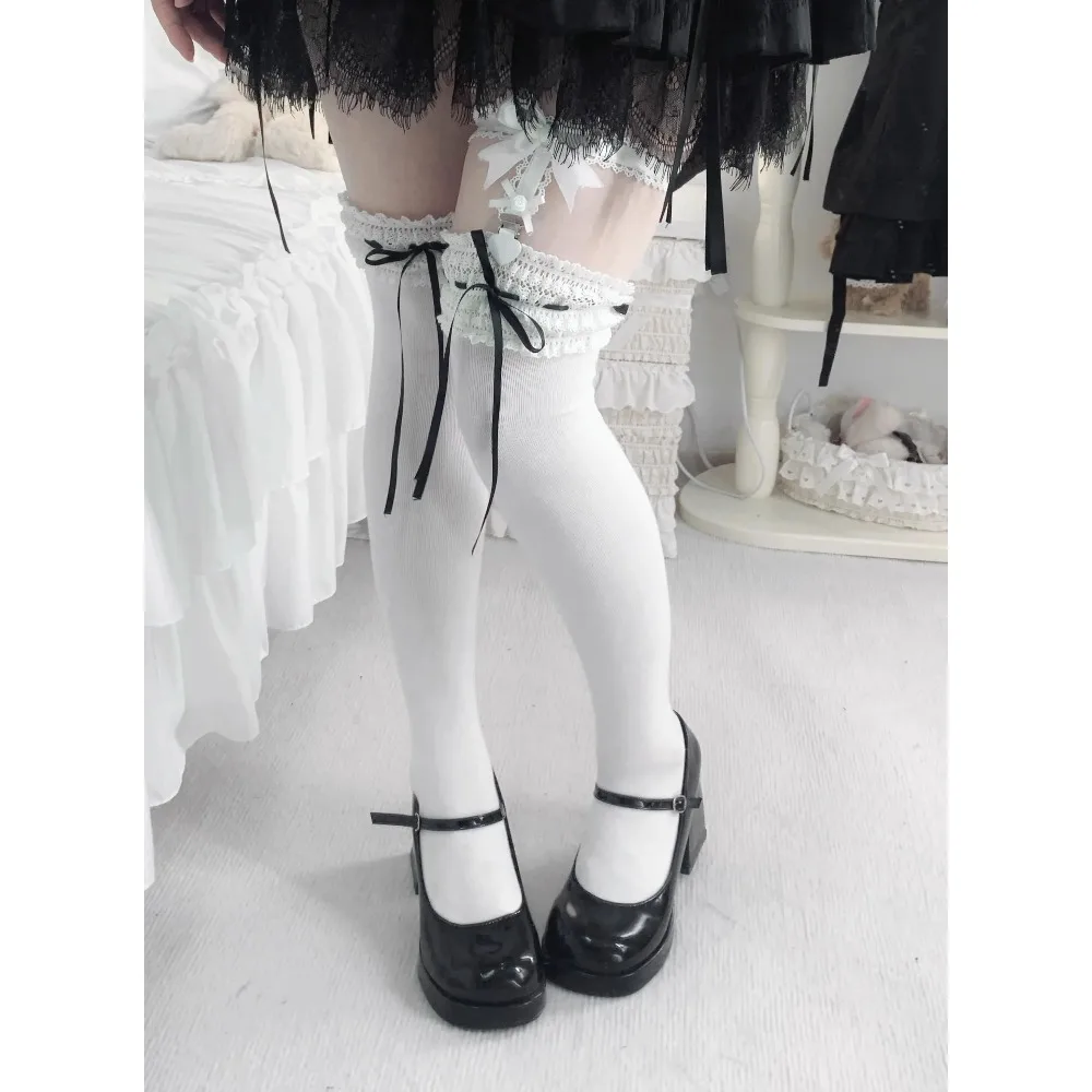 ถุงเท้าข้อกลางลายโบว์สไตล์โลลิต้า แนวสปริง 2026 น่ารัก สำหรับนักเรียนหญิง ถุงเท้าลูกไม้ผ้าฝ้าย