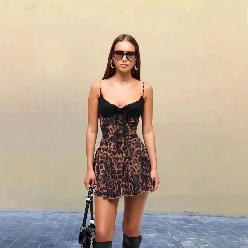

CNYISHE Party Leopard Backless Women Dresses V Neck Sleeveless Sheath Bodycon Lace-up Sexy Club Fashion Female Vestidos Robes