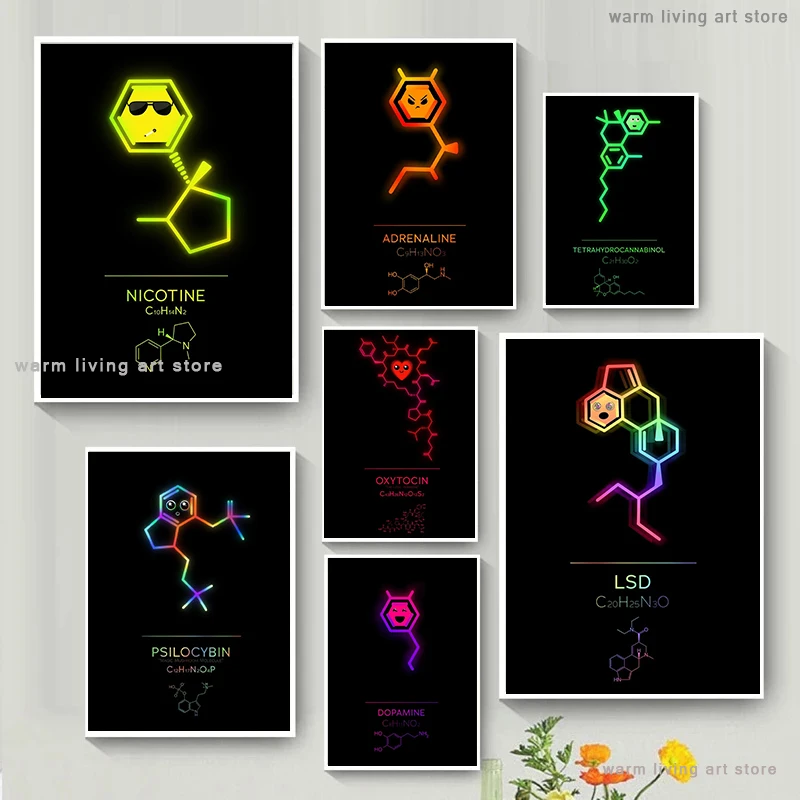 Funny Neon Chemical Caffeine Oxytocin Dopamine Line Drawing Wall Art Canvas Painting Poster Print Picture Living Room Home Decor