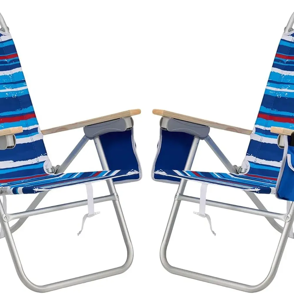 

Two-Piece Reclining Beach Chairs with Wood Armrests, 5-Position Adjustable, Lightweight for Adults, 300 lbs Capacity, Blue Strip
