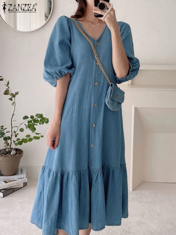 Women Denim Blue Robes Longue ZANZEA Oversized Fashion Summer Puff Sleeve Maxi Vestidos Retro Dress Casual Solid Baggy Sundress