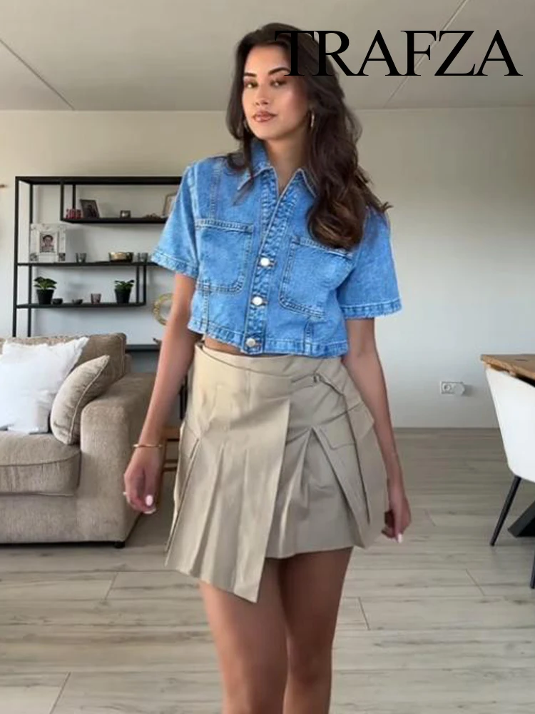 

TRAFZA Women Summer Fashion Asymmetric Pleated High Waist Working Skirts Female Elegant Zipper Pocket Decorative Short Culottes