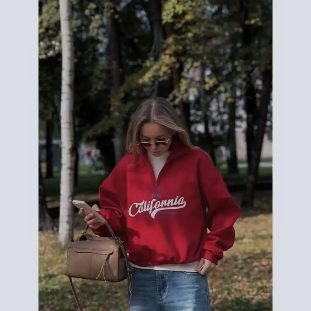 California Letter Print American Retro Zipper Loose Sweatshirt Women Pullover Autumn 2026 Casual Hoodies Women Oversized Shirts