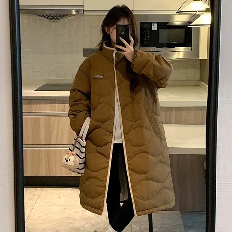 Women Solid Winter Down Jacket Letter Cotton Thicken Warm Coat Korean Fashion Loose Long Sleeved Stand Collar Oversized Parkas