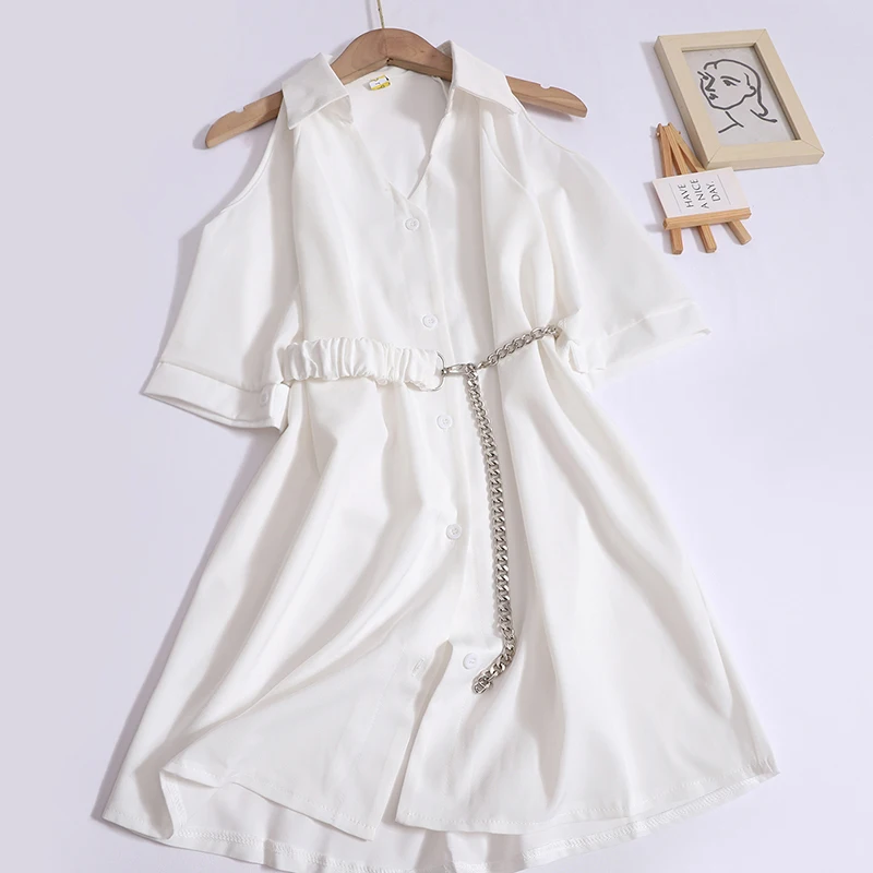 Off-the-shoulder Mid-length Shirt Women Spring Summer Casual Long Shirts Fashion Chain Shirt Dress