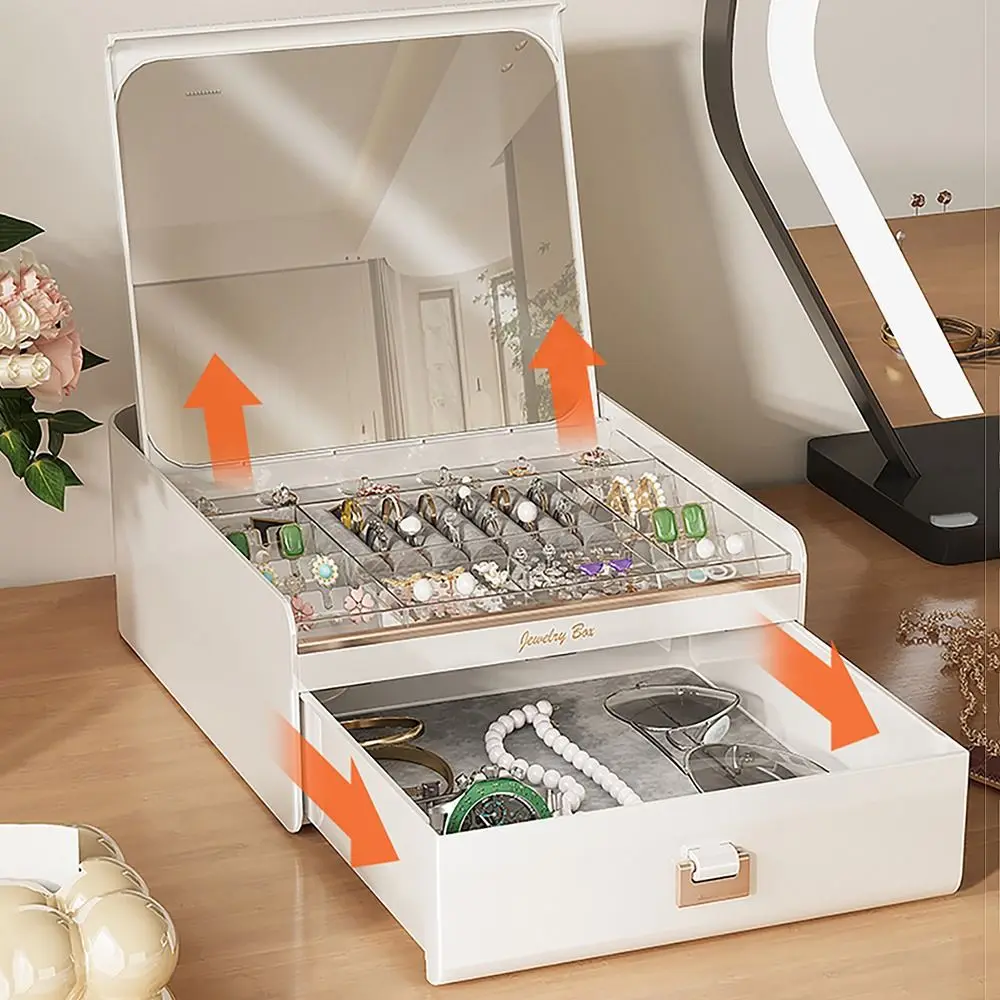 

2-слойная шкатулка для драгоценностей с зеркалом, пыленепроницаемый ящик, держатель для ювелирных изделий, большой вместительный нескользящий органайзер для хранения ювелирных изделий