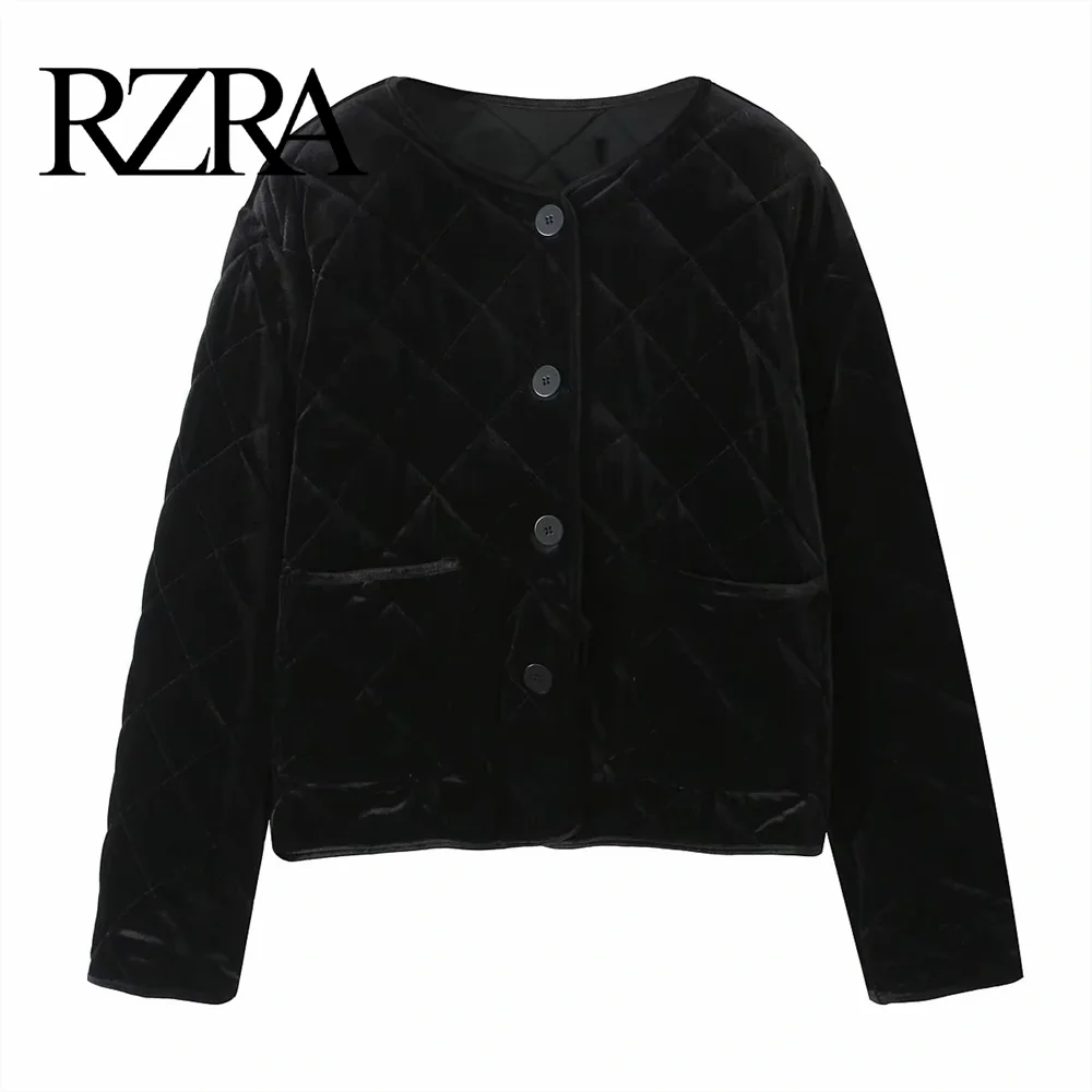 RZRA Women's Autumn/Winter New Product Black Velvet Round Neck Long Sleeve Cotton Jacket Velvet Top Coat