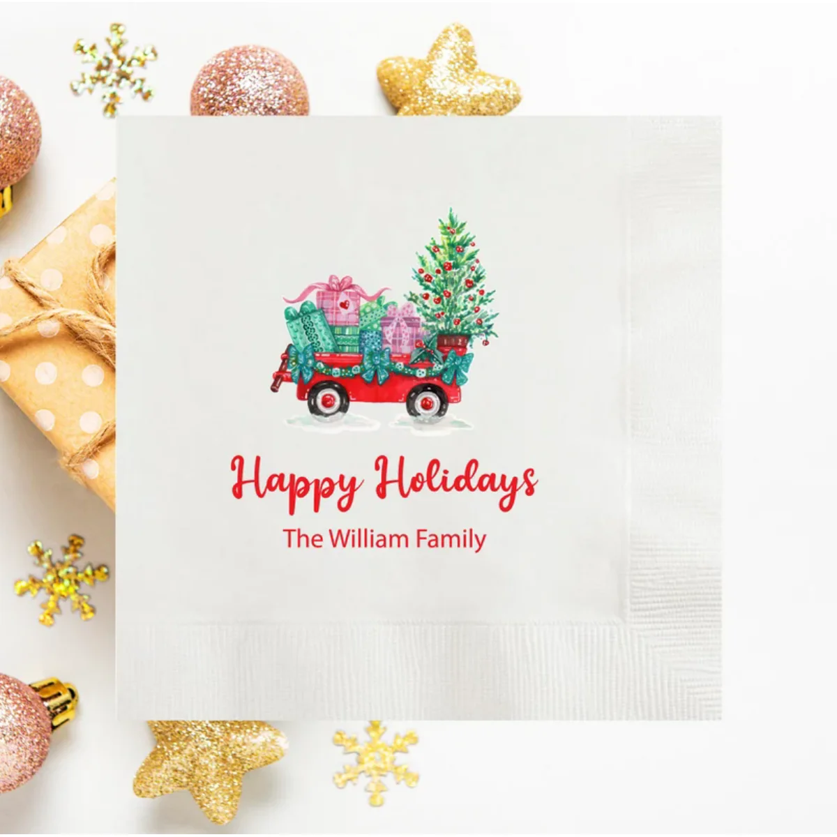 Árbol de caja de regalo de Navidad personalizado, servilletas de cóctel a todo color de Feliz Navidad, pino de Navidad personalizado, cena de felices vacaciones