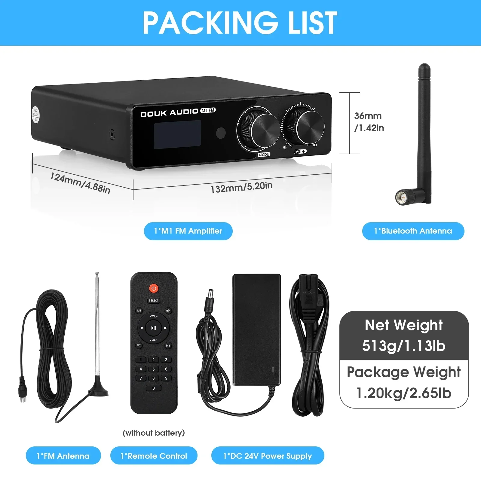 Douk Audio M1FM HiFi Bluetooth 5.1 Amplificatore digitale Ricevitore stereo TPA3116 Amplificatore di potenza FM domestico 50W + 50W