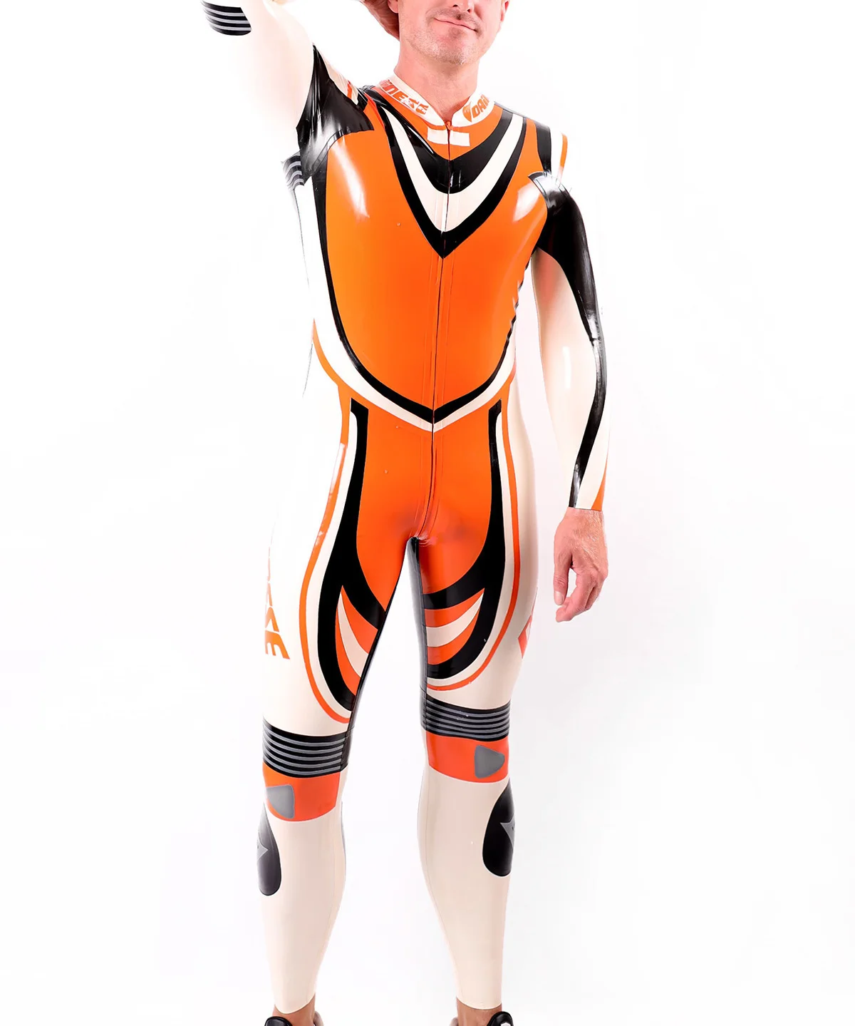 

rubber catsuit men's orange white latex bodysuit black accents full body rubber jumpsuit fashion ﻿customized clubwear