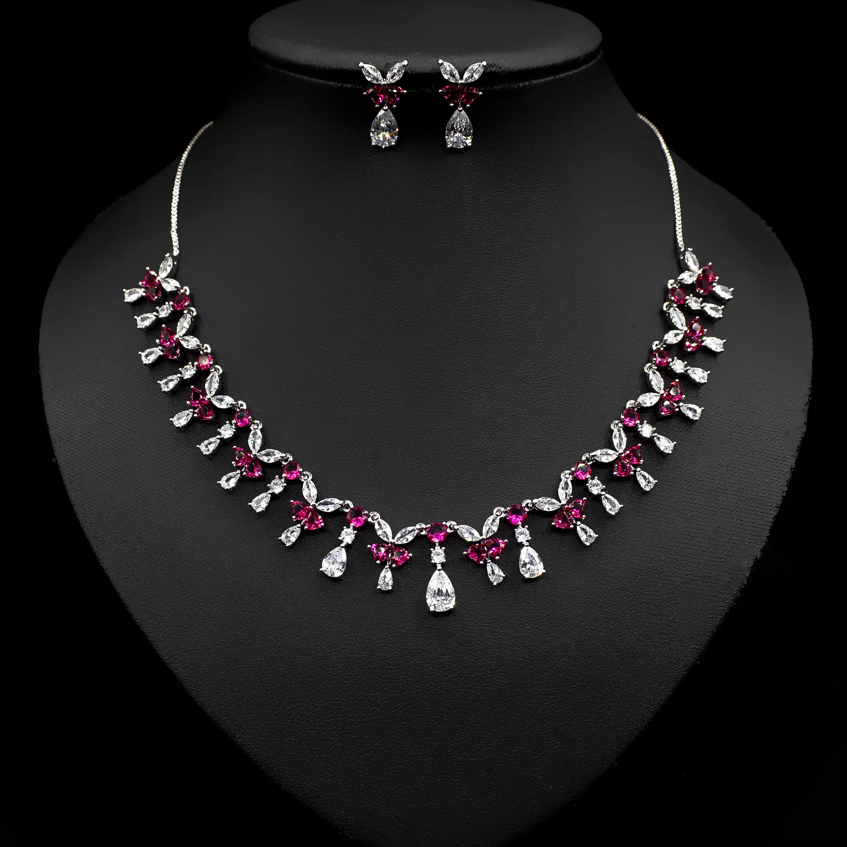 

French wedding banquet luxury small drop simple color zircon necklace earrings two-piece set pull neck chain earrings