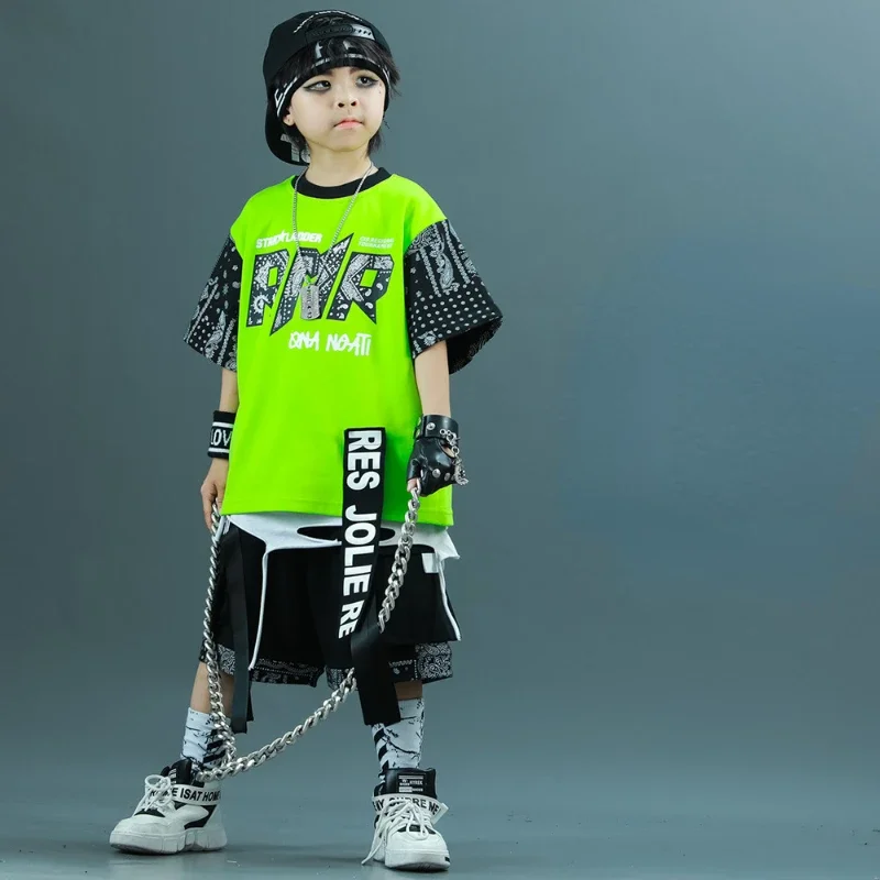소년 힙합 streetwear 세트 녹색 짧은 소매 티셔츠 블랙 반바지 멋진 스트리트 댄스 의상 그룹 무대 공연 의류