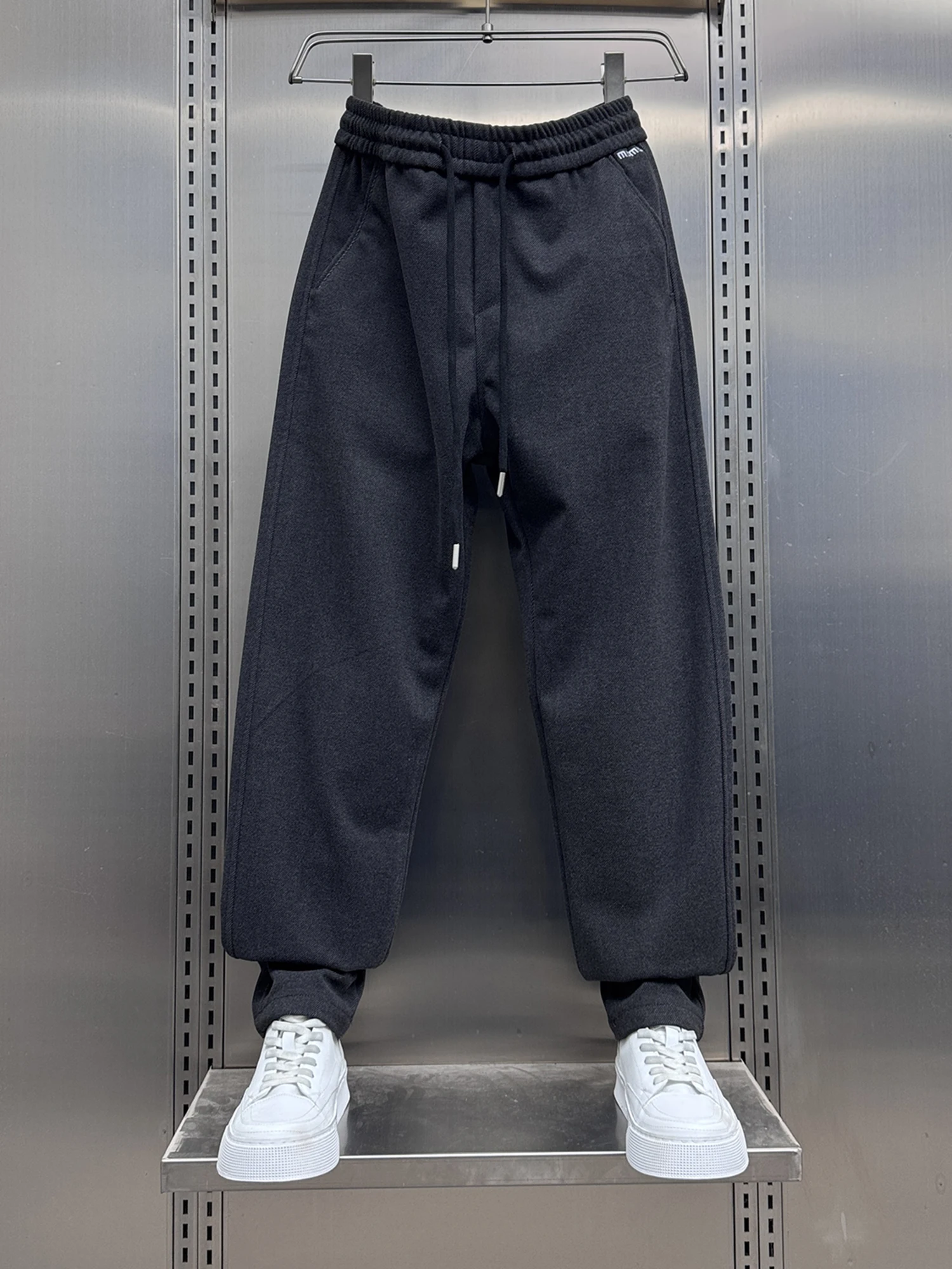 

New 2025 Men's Pure Color Small Foot Woolen Trousers Harlan Sle Casual Pants mid Waist Elastic Straight Leg Winter Faion