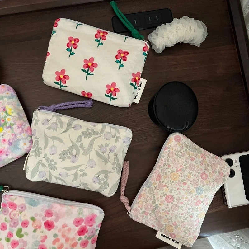 Summer Pink Printed Cotton Mini Makeup Bag Coin Wallet Card Holder Lipstick Cosmetic Storage Pouch for Women