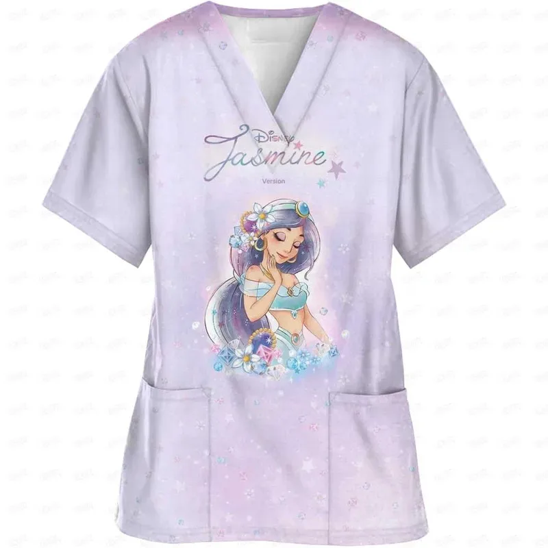 Womens Short Sleeve V Neck Disney Princess Print Top Nursed Working Blouse With Pockets Mock Hospital Nursing Uniform Accessory