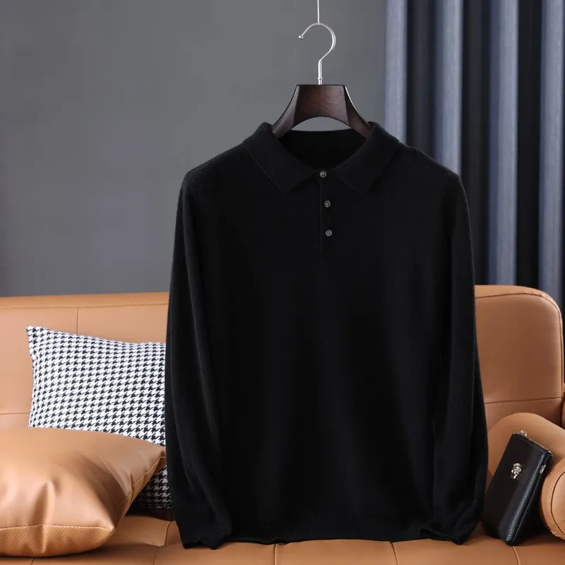 100% merino wool men's lapel pullover long sleeve POLO neck sweater loose top business casual knit bottoming shirt